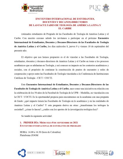 Invitación a Encuentro Internacional de Estudiantes de Pregrado de las Facultades de Teología de América Latina y el Caribe