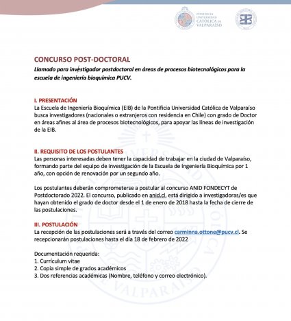 Concurso para Investigador Posdoctoral EIB - PUCV